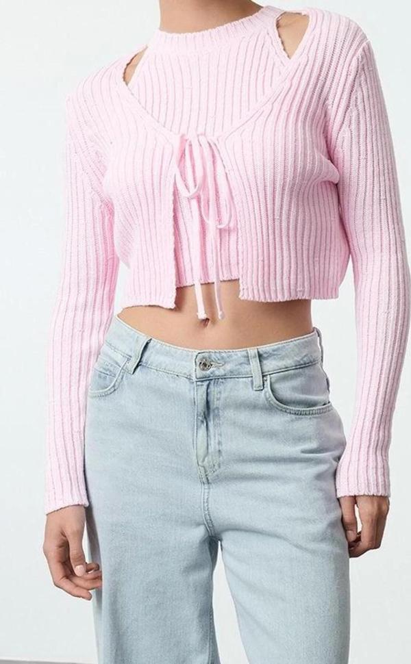 Kadın Modern Tarz Slim V Yaka Crop Triko Hırka - Image 1
