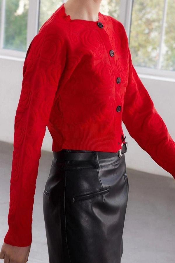 Kadın Modern Tarz Regular Bisiklet Yaka Crop Triko Hırka - Image 1