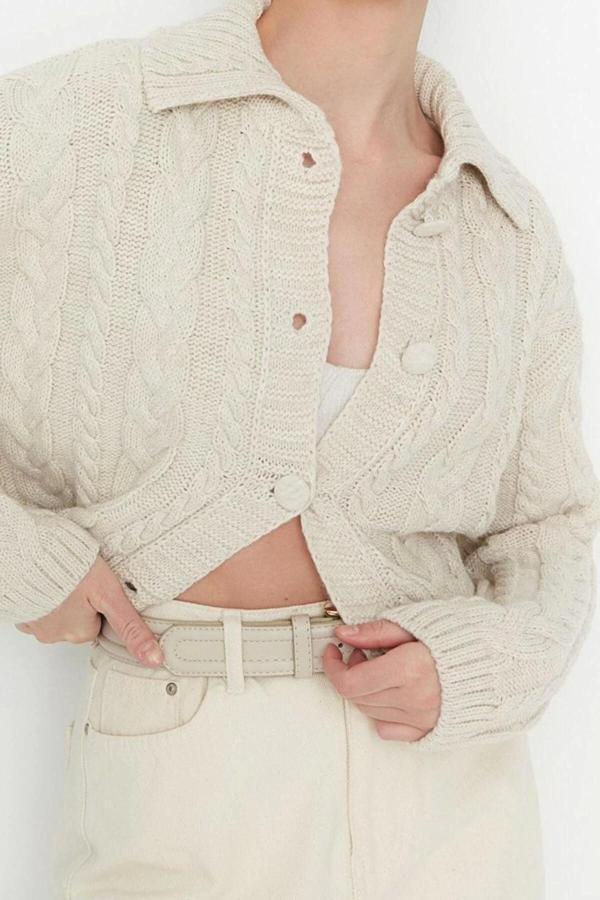 Kadın Modern Tarz Regular Polo Yaka Crop Triko Hırka - Image 1