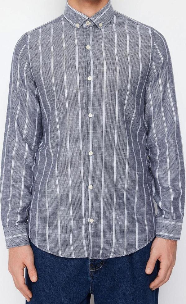 Moda Erkek Düğmeli Yaka Çizgili Desen Resmi Çizgili Gömlek - Image 1