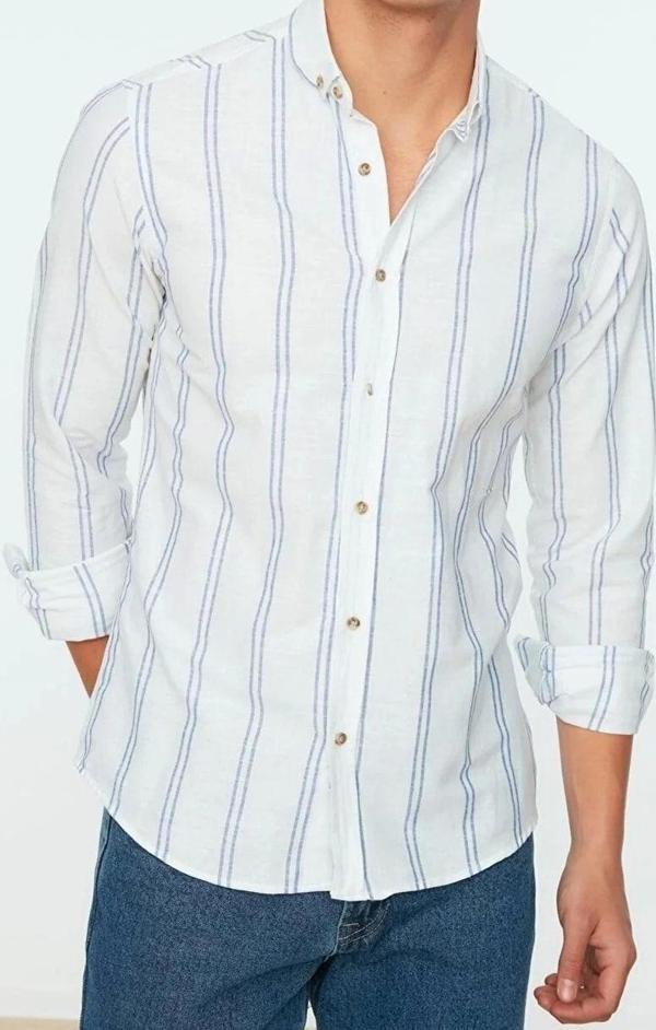 Moda Erkek Düğmeli Yaka Çizgili Desen Günlük İnce Çizgili Gömlek - Image 1