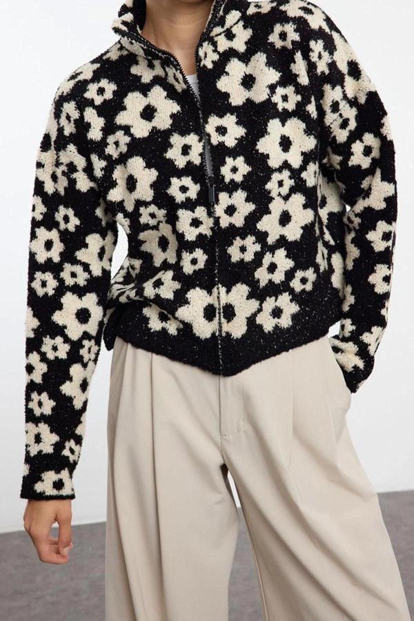 Kadın Modern Tarz Slim Dik Yaka Regular Triko Hırka - Image 1