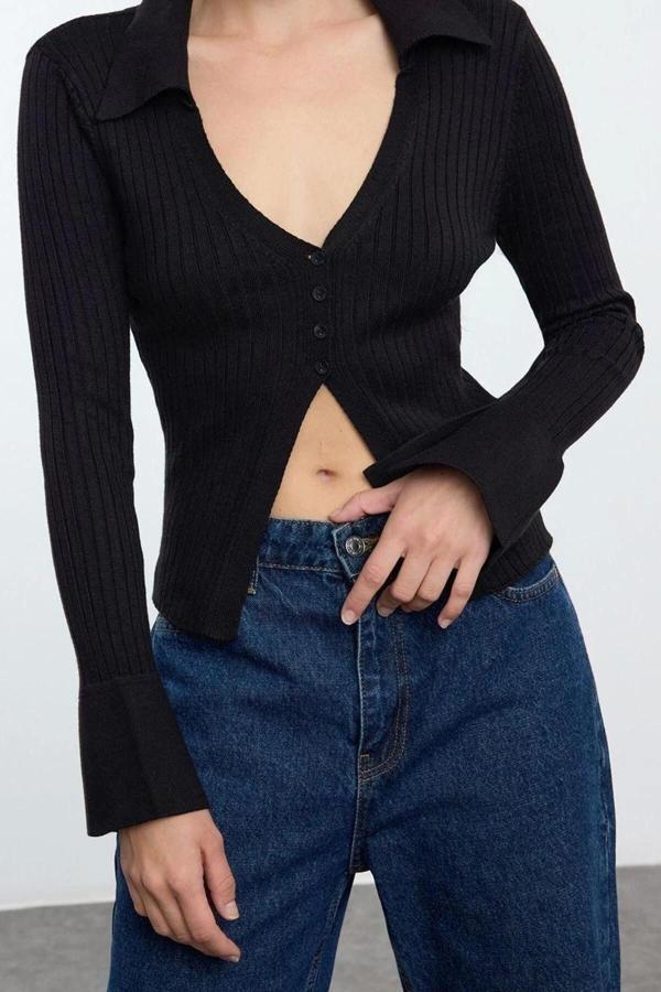 Kadın Modern Tarz Slim Polo Yaka Regular Triko Hırka - Image 1