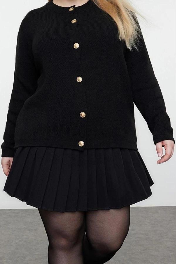 Stil Modern Kadın Regular Standart Kol Bisiklet Yaka Büyük Beden Düğmeli Triko Hırka - Image 1