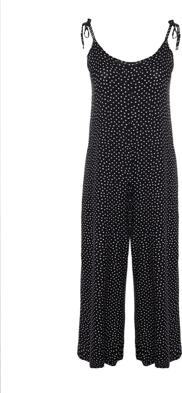 Büyük Beden Kadın Moda Standart Kol Regular V Yaka Puantiyeli Desen Uzun Çiçek Desenli Dokuma Tulum - Image 1