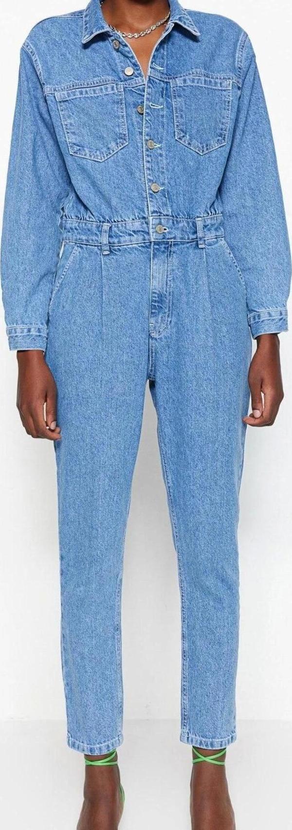 Kadın Moda Standart Kol Boru Paça Gömlek Yaka Düz Desen Uzun Bel Detaylı Denim Tulum - Image 1