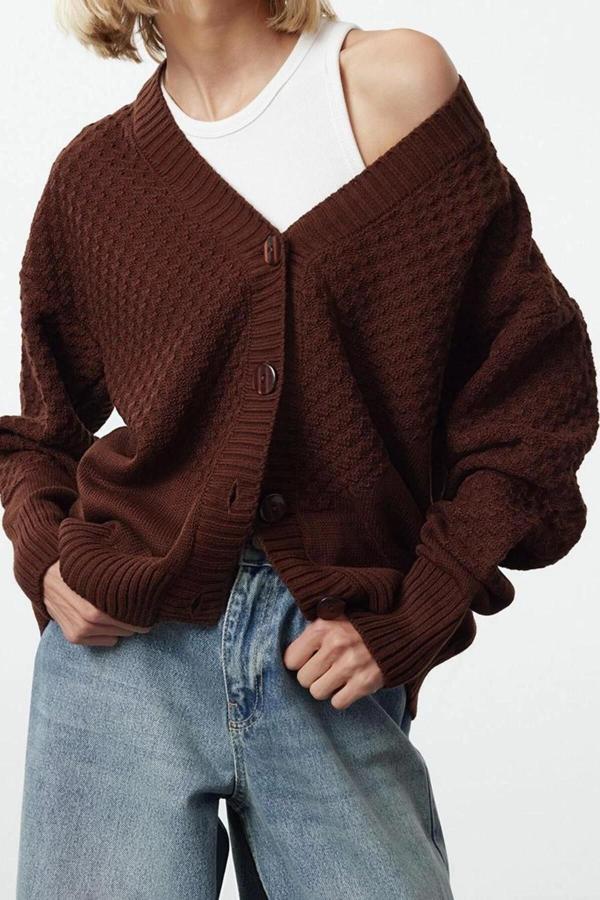 Kadın Modern Tarz Oversize V Yaka Regular Triko Hırka - Image 1