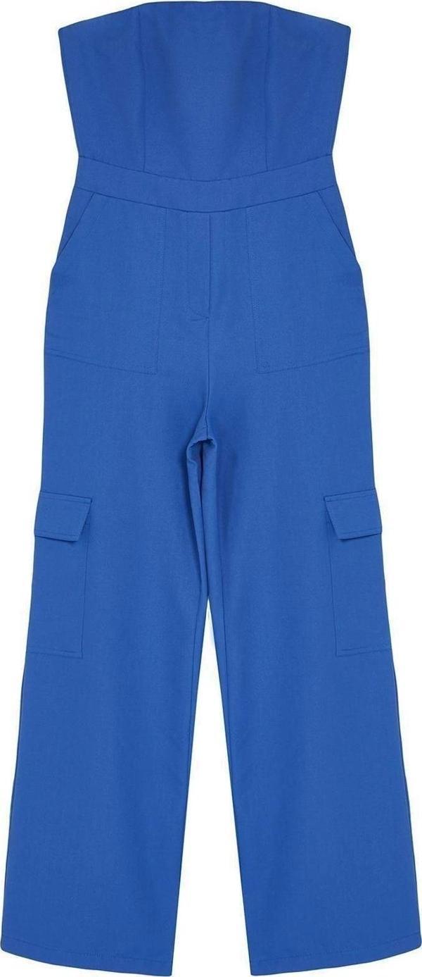 Kadın Moda Standart Kol Geniş Paça Straplez Uzun Kargo Cepli Straplez Yaka Maxi Dokuma Tulum - Image 1