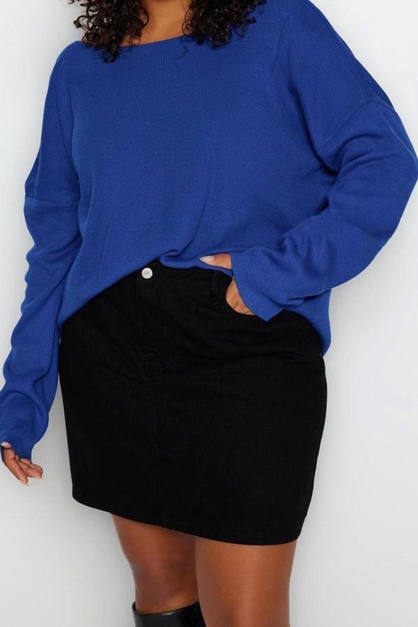 Büyük Beden Kadın Modern Tarz Rahat Uzun Bisiklet Yaka Düz Kol Regular Triko Kazak - Image 1