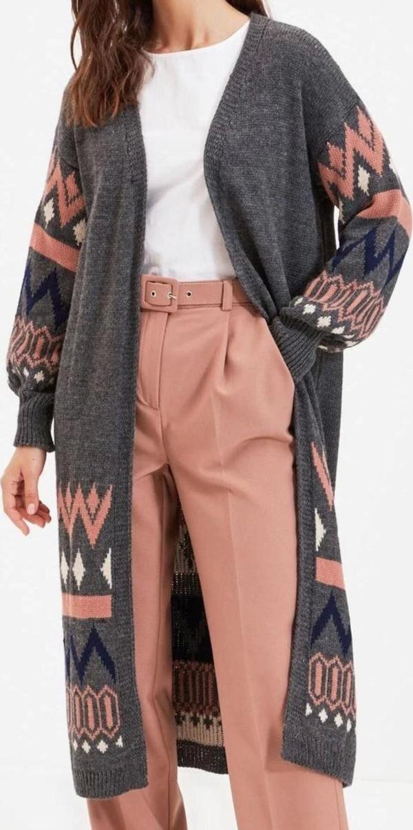 Kadın Modern Tarz Rahat Uzun V Yaka Etnik Kol Uzun Triko Hırka - Image 1