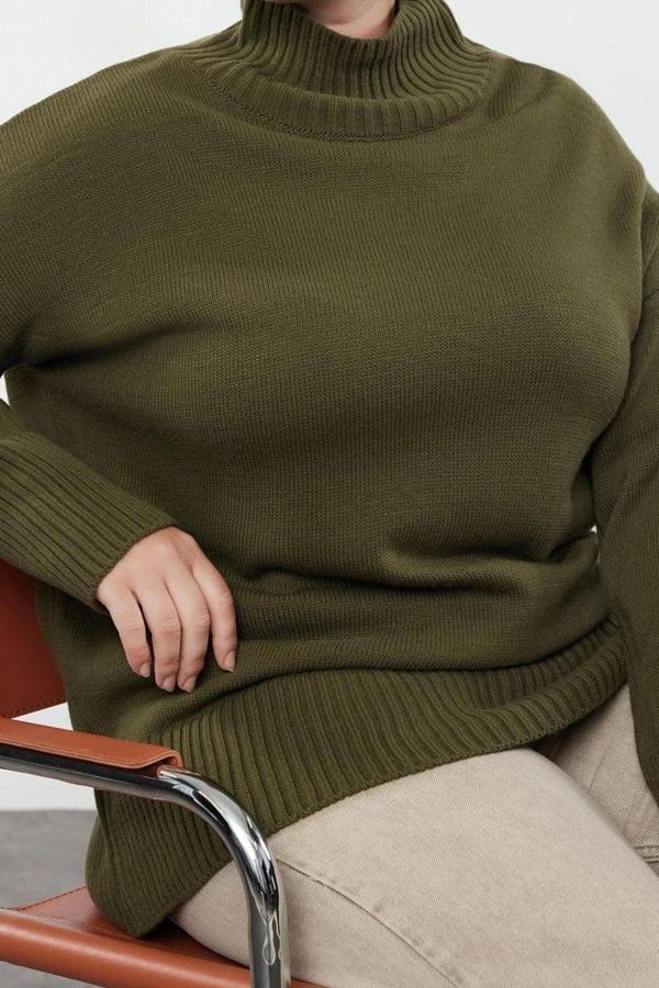 Büyük Beden Kadın Modern Tarz Rahat Uzun Yarım Balıkçı Yaka Düz Kol Uzun Triko Kazak - Image 1