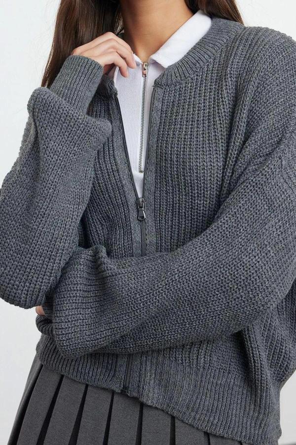 Kadın Modern Tarz Oversize Bomber Yaka Regular Triko Hırka - Image 1
