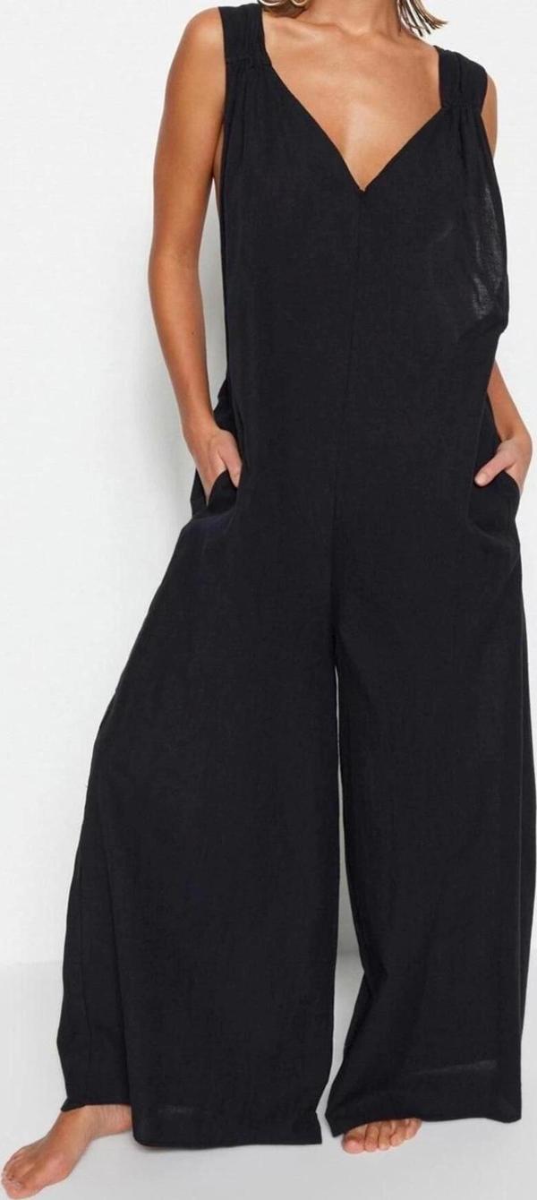 Kadın Moda Kalın Askılı Boru Paça V Yaka Düz Desen Uzun Dokuma Büzgülü %100 Pamuklu Tulum - Image 1