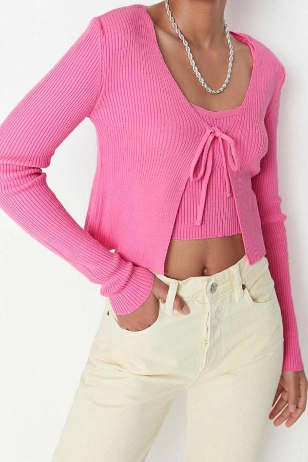 Kadın Modern Tarz Slim V Yaka Crop Triko Takım - Image 1