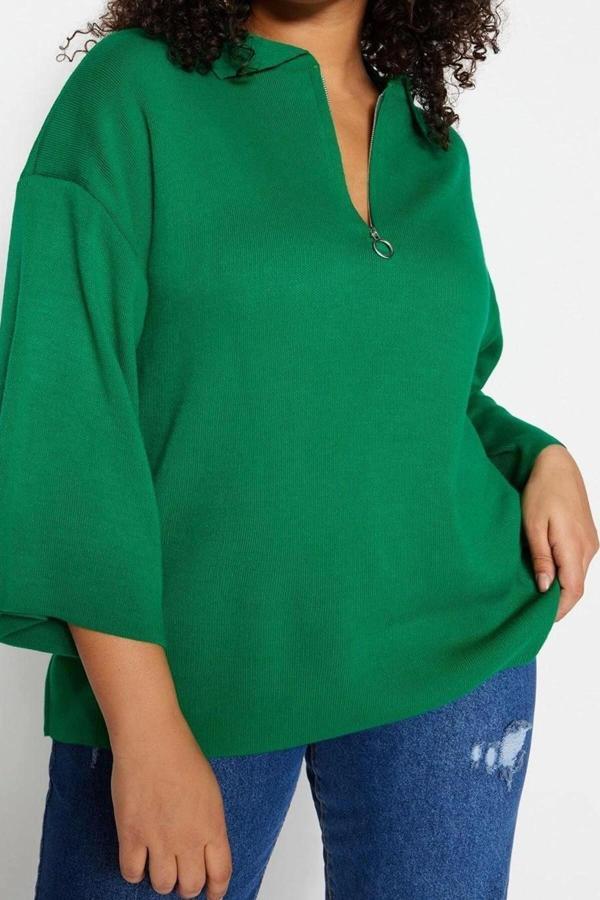 Büyük Beden Kadın Modern Tarz Rahat Uzun Polo Yaka Düz Kol Regular Triko Kazak - Image 1