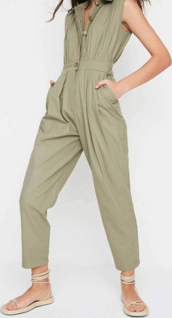 Kadın Moda Standart Kol Geniş Paça Gömlek Yaka Maxi Gömlek Yaka Kolsuz Gabardin Dokuma Tulum - Image 1
