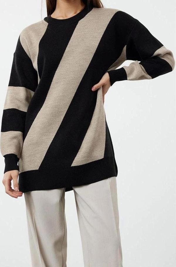 Kadın Modern Tarz Rahat Uzun Bisiklet Yaka Renk Bloklu Kol Regular Triko Kazak - Image 1