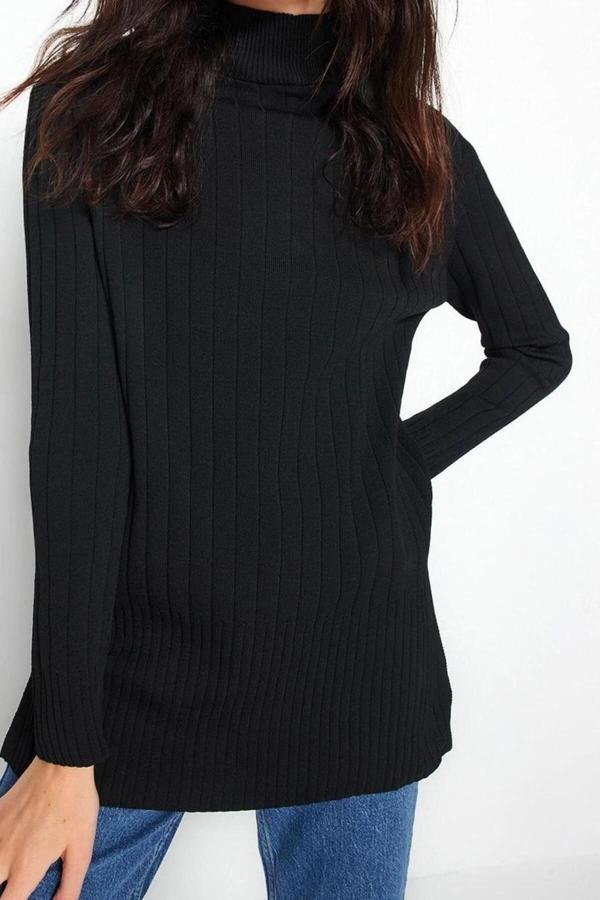 Kadın Modern Tarz Rahat Uzun Balıkçı Yaka Düz Kol Regular Triko Kazak - Image 1