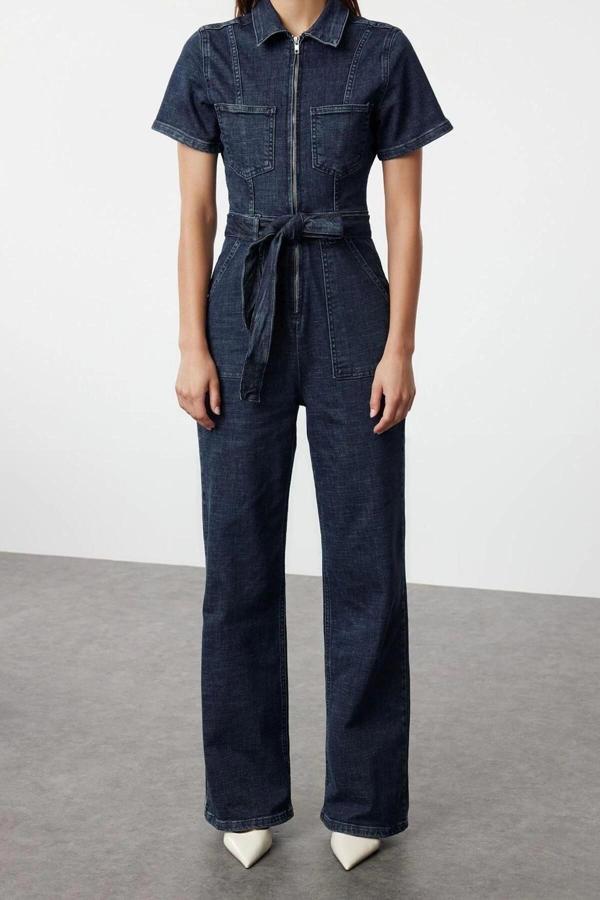Kadın Moda Standart Kol Geniş Paça Gömlek Yaka Düz Desen Uzun Kuşaklı Denim Tulum - Image 1