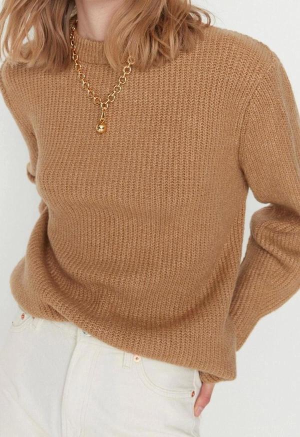 Kadın Modern Tarz Rahat Uzun Bisiklet Yaka Dokulu Kol Regular Triko Kazak - Image 1