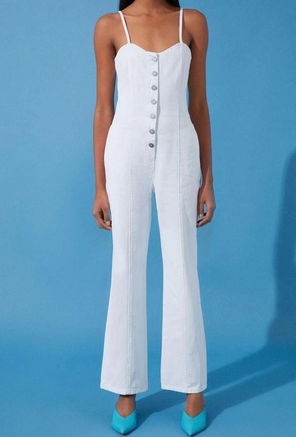 Kadın Moda İnce Askılı Boru Paça V Yaka Düz Desen Uzun Askılı Kalp Yaka Wide Leg Denim Tulum - Image 1