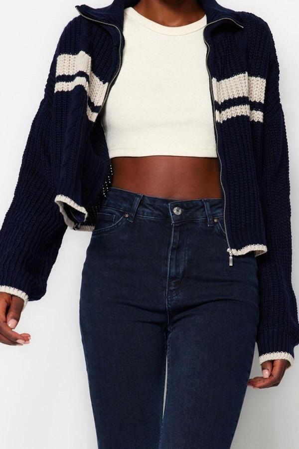 Kadın Modern Tarz Rahat Uzun Dik Yaka Renk Bloklu Kol Regular Triko Hırka - Image 1