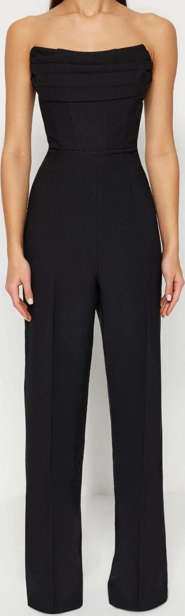 Kadın Moda Standart Kol Geniş Paça Straplez Düz Desen Regular Korse Detaylı Dokuma Tulum - Image 1