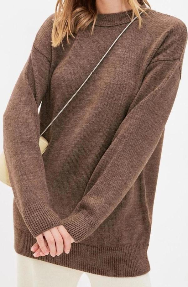 Kadın Modern Tarz Rahat Uzun Bisiklet Yaka Düz Kol Regular Triko Kazak - Image 1