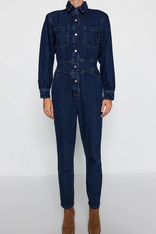 Kadın Moda Standart Kol Dar Paça Ceket Yaka Düz Desen Uzun Balon Kollu Denim Tulum - Image 1