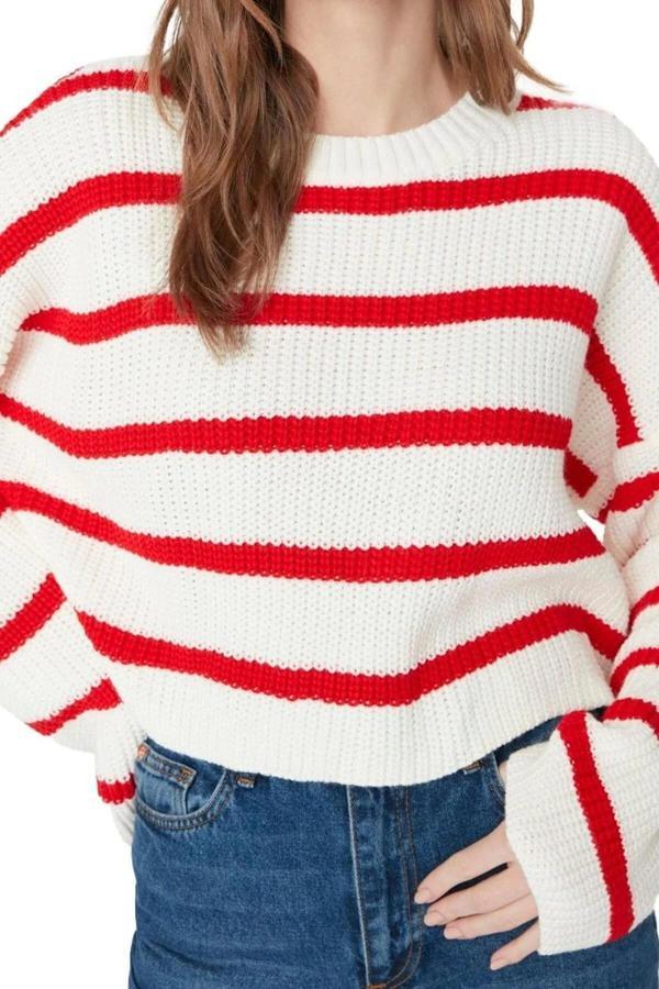 Kadın Modern Tarz Rahat Uzun Bisiklet Yaka Çizgili Kol Crop Triko Kazak - Image 1