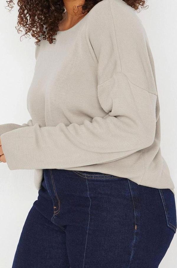 Büyük Beden Kadın Modern Tarz Rahat Uzun Bisiklet Yaka Düz Kol Regular Triko Kazak - Image 1