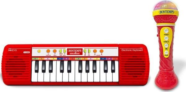 Minik Müzisyenlere Elektronik Mikrofonlu Işıklı 24 Tuşlu Kırmızı Org - Image 1