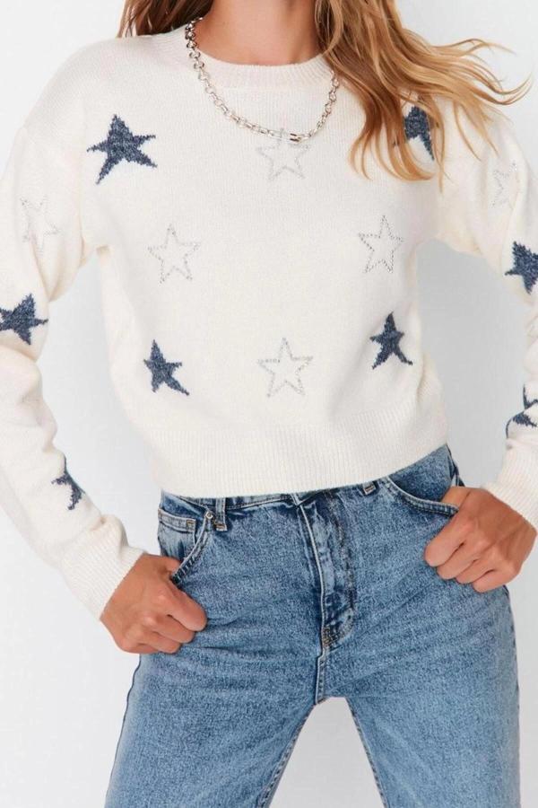 Kadın Modern Tarz Rahat Uzun Bisiklet Yaka Geometrik Kol Crop Triko Kazak - Image 1