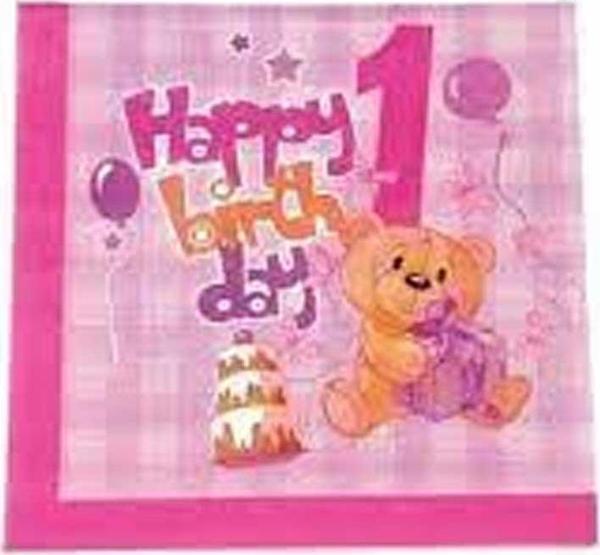 Kağıt Peçete 1 Yaş Happy Birthday Ayıcıklı (20 Adet)  Pembe - Image 1