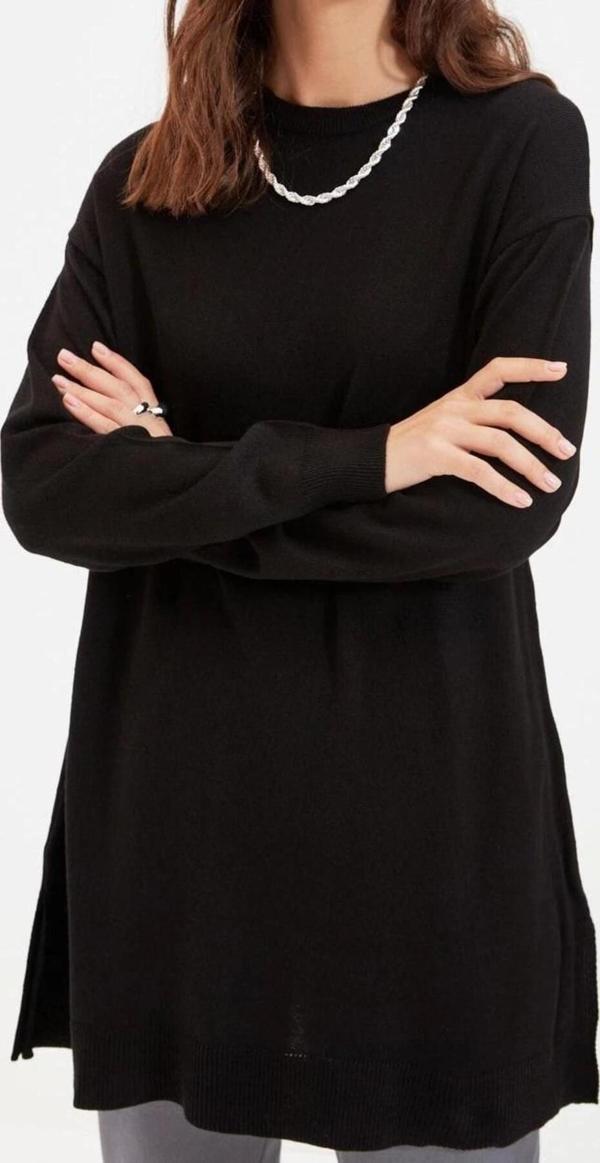 Kadın Modern Tarz Rahat Uzun Bisiklet Yaka Düz Kol Midi Triko Kazak - Image 1