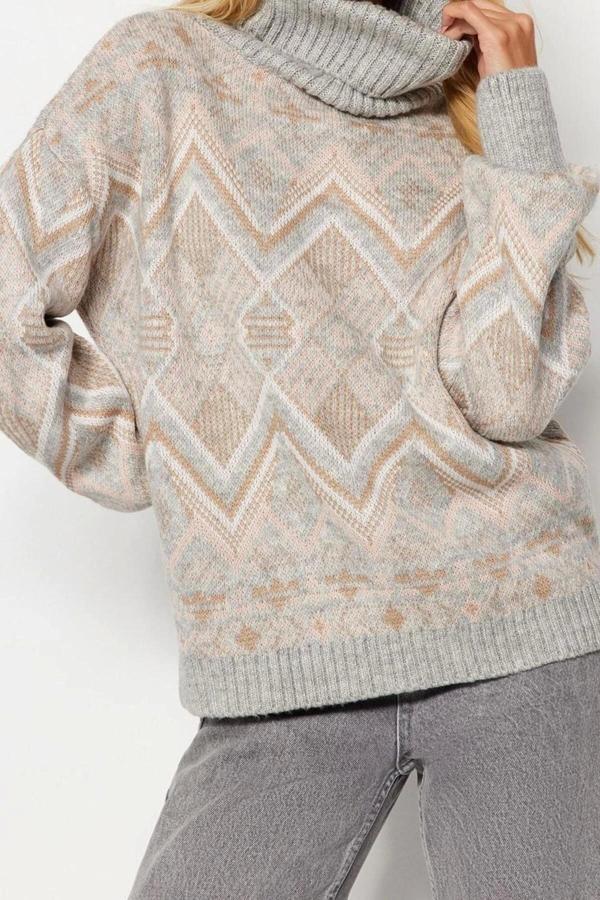 Kadın Modern Tarz Rahat Uzun Balıkçı Yaka Etnik Kol Regular Triko Kazak - Image 1