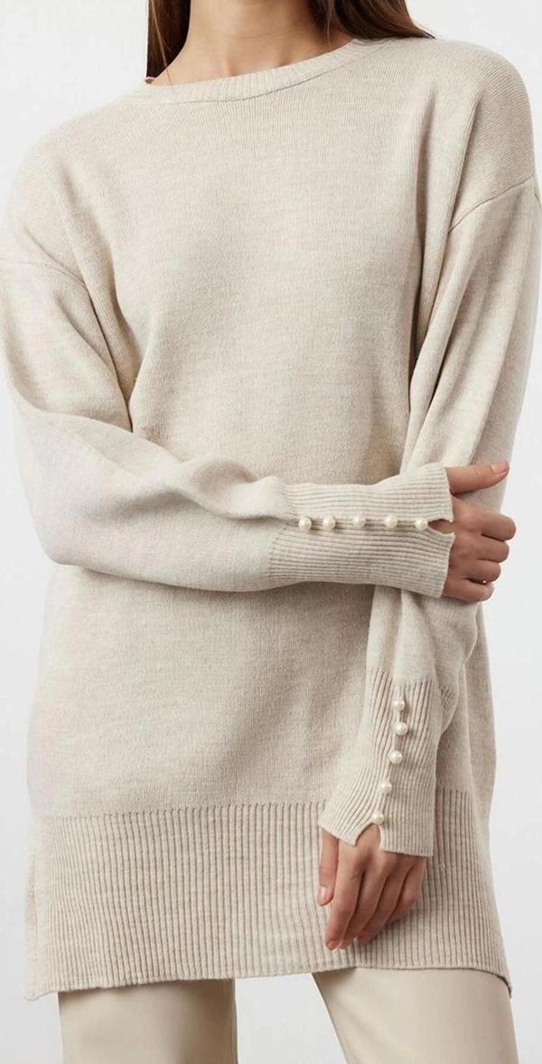 Kadın Modern Tarz Rahat Uzun Bisiklet Yaka Düz Kol Regular Triko Kazak - Image 1