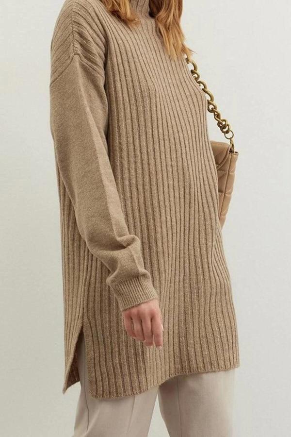 Kadın Modern Tarz Rahat Uzun Dik Yaka Düz Kol Midi Triko Kazak - Image 1