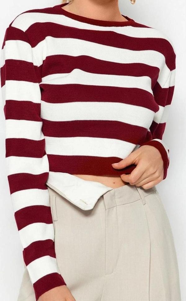 Stil Modern Kadın Crop Standart Kol Bisiklet Yaka Basic Çizgili Triko Kazak - Image 1