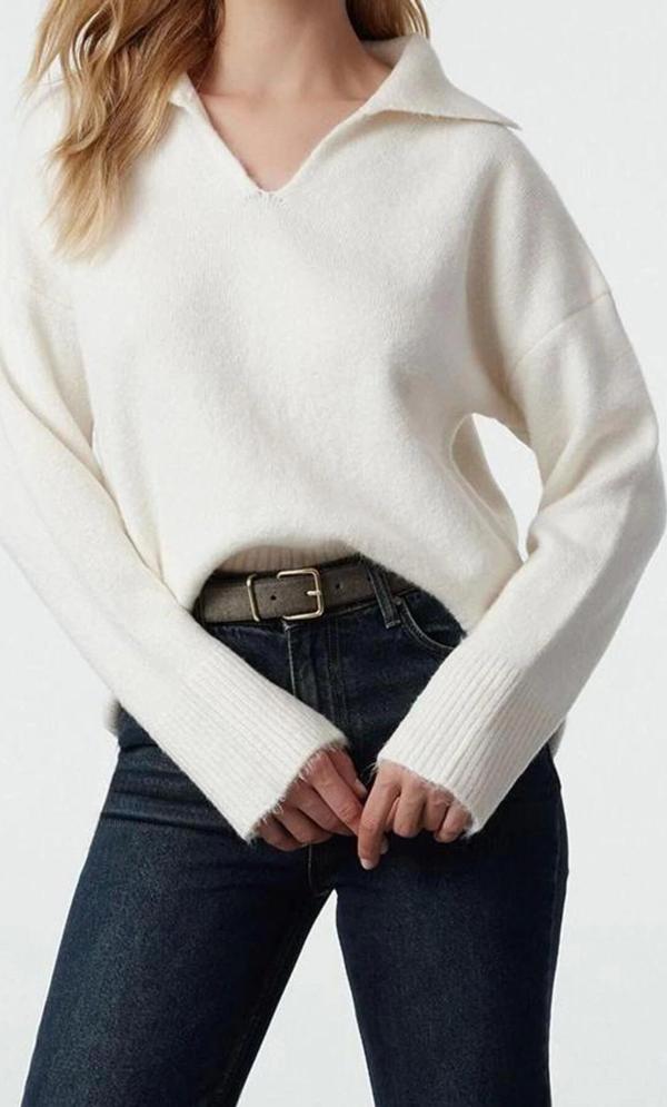 Stil Modern Kadın Regular Düşük Kol Polo Yaka Yünlü Geniş Kalıp Basic Triko Kazak - Image 1