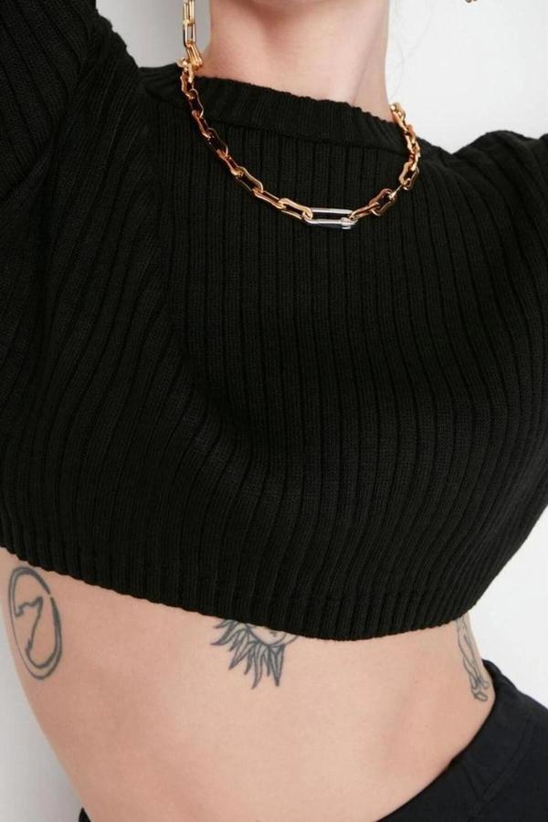 Stil Modern Kadın Crop Standart Kol Bisiklet Yaka Süper Basic Triko Kazak - Image 1