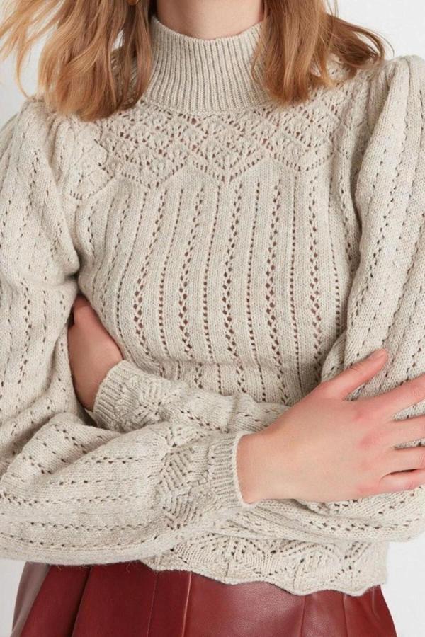 Kadın Modern Tarz Rahat Uzun Dik Yaka Ajurlu Kol Regular Triko Kazak - Image 1