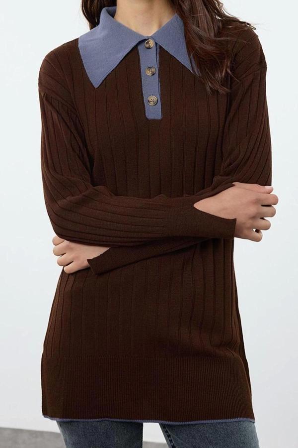 Kadın Modern Tarz Rahat Uzun Polo Yaka Dokulu Kol Regular Triko Kazak - Image 1