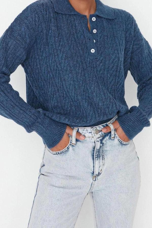 Kadın Modern Tarz Rahat Uzun Polo Yaka Saç Örgü Kol Regular Triko Kazak - Image 1