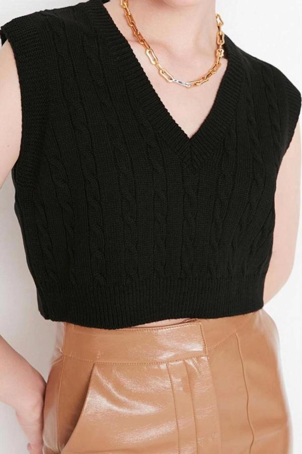 Kadın Modern Tarz Rahat Kolsuz V Yaka Saç Örgü Kol Crop Triko Süveter - Image 1