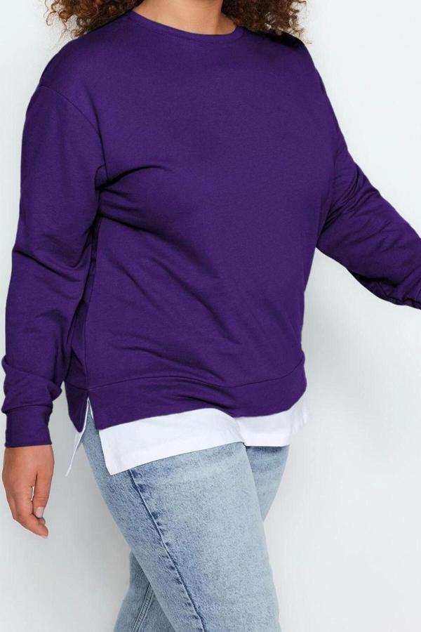 Büyük Beden Oversize Bisiklet Yaka Düşük Kol Alttan T-Shirt Çıkma Görünüm İnce Örme Sweatshirt - Image 1