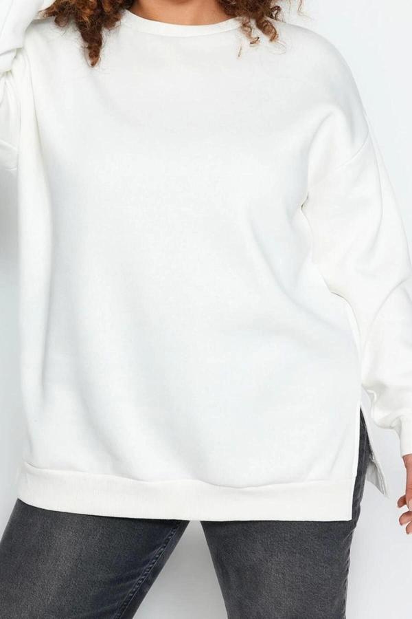 Büyük Beden Oversize Bisiklet Yaka Standart Kol Kalın İçi Polarlı Yırtmaçlı Örme Sweatshirt - Image 1