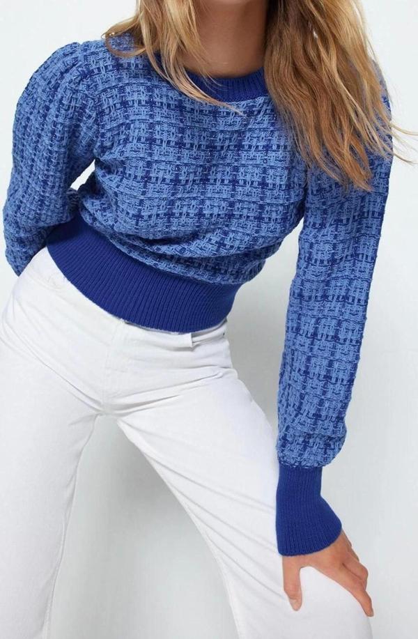 Kadın Modern Tarz Rahat Uzun Bisiklet Yaka Dokulu Kol Regular Triko Kazak - Image 1