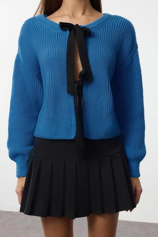 Stil Kadın Crop Düşük Kol Bisiklet Yaka Çift Taraflı Giyilebilir Kurdeleli Bağlama Triko Kazak - Image 1