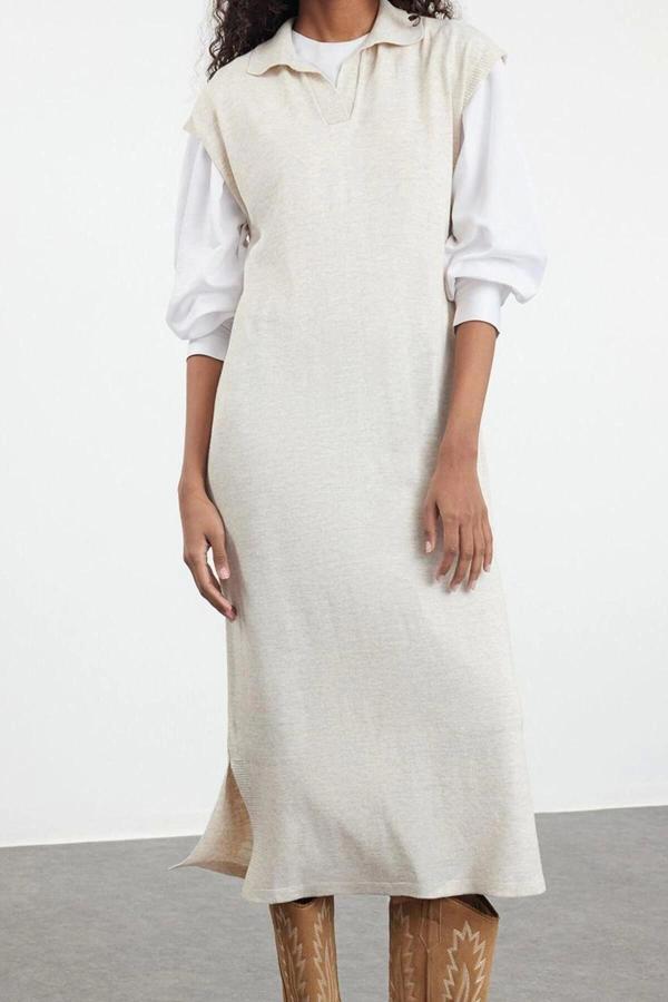 Kadın Modern Tarz Rahat Uzun Polo Yaka Düz Kol Uzun Triko Süveter Elbise - Image 1